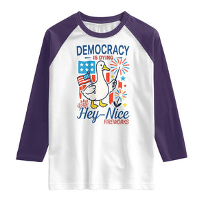 Funny Patriotic Duck Holding Firework Raglan Shirt Funny Democracy Is Dying But Hey Nice Fireworks 4th Of July TS02 White Purple Print Your Wear
