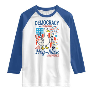 Funny Patriotic Duck Holding Firework Raglan Shirt Funny Democracy Is Dying But Hey Nice Fireworks 4th Of July TS02 White Royal Print Your Wear