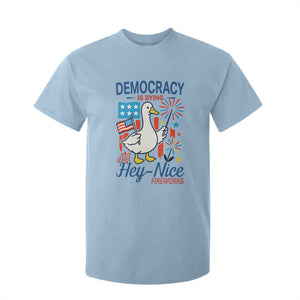 Funny Patriotic Duck Holding Firework T Shirt For Kid Funny Democracy Is Dying But Hey Nice Fireworks 4th Of July TS02 Light Blue Print Your Wear