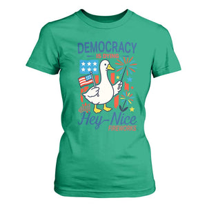 Funny Patriotic Duck Holding Firework T Shirt For Women Funny Democracy Is Dying But Hey Nice Fireworks 4th Of July TS02 Irish Green Print Your Wear
