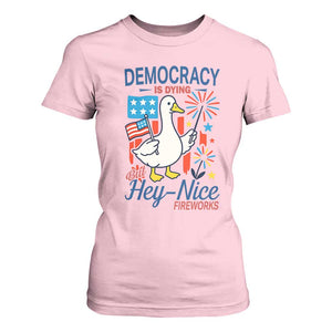 Funny Patriotic Duck Holding Firework T Shirt For Women Funny Democracy Is Dying But Hey Nice Fireworks 4th Of July TS02 Light Pink Print Your Wear