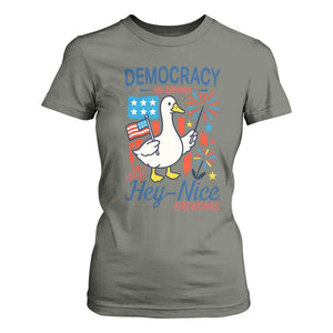 Funny Patriotic Duck Holding Firework T Shirt For Women Funny Democracy Is Dying But Hey Nice Fireworks 4th Of July TS02 Military Green Print Your Wear