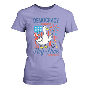 Funny Patriotic Duck Holding Firework T Shirt For Women Funny Democracy Is Dying But Hey Nice Fireworks 4th Of July TS02 Violet Print Your Wear
