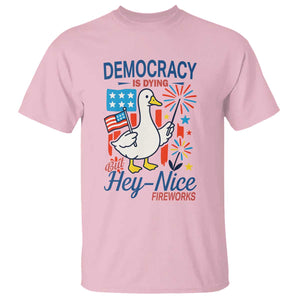 Funny Patriotic Duck Holding Firework T Shirt Funny Democracy Is Dying But Hey Nice Fireworks 4th Of July TS02 Light Pink Print Your Wear