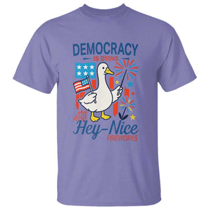 Funny Patriotic Duck Holding Firework T Shirt Funny Democracy Is Dying But Hey Nice Fireworks 4th Of July TS02 Violet Print Your Wear