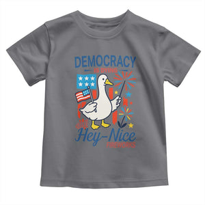 Funny Patriotic Duck Holding Firework Toddler T Shirt Funny Democracy Is Dying But Hey Nice Fireworks 4th Of July TS02 Charcoal Print Your Wear