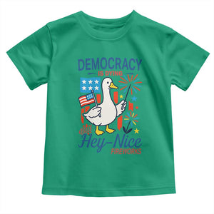 Funny Patriotic Duck Holding Firework Toddler T Shirt Funny Democracy Is Dying But Hey Nice Fireworks 4th Of July TS02 Irish Green Print Your Wear