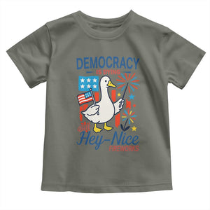 Funny Patriotic Duck Holding Firework Toddler T Shirt Funny Democracy Is Dying But Hey Nice Fireworks 4th Of July TS02 Military Green Print Your Wear