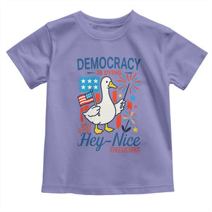 Funny Patriotic Duck Holding Firework Toddler T Shirt Funny Democracy Is Dying But Hey Nice Fireworks 4th Of July TS02 Violet Print Your Wear