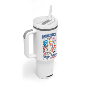 Funny Patriotic Duck Holding Firework Tumbler With Handle Funny Democracy Is Dying But Hey Nice Fireworks 4th Of July TS02 Print Your Wear