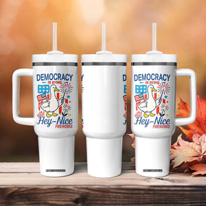 Funny Patriotic Duck Holding Firework Tumbler With Handle Funny Democracy Is Dying But Hey Nice Fireworks 4th Of July TS02 Print Your Wear