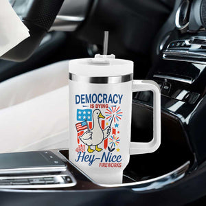 Funny Patriotic Duck Holding Firework Tumbler With Handle Funny Democracy Is Dying But Hey Nice Fireworks 4th Of July TS02 Print Your Wear