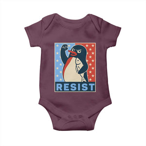 Funny Penguin Resist Graphic Baby Onesie Resist Protest Against Tariffs TS02 Maroon Print Your Wear