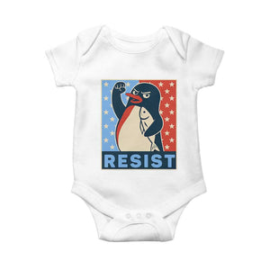 Funny Penguin Resist Graphic Baby Onesie Resist Protest Against Tariffs TS02 White Print Your Wear