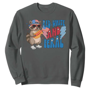 Funny Raccoon 4th of July Sweatshirt Red White and Feral Patriotic TS10 Dark Heather Print Your Wear