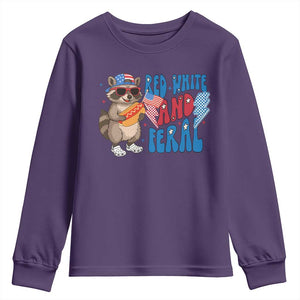 Funny Raccoon 4th of July Youth Sweatshirt Red White and Feral Patriotic TS10 Purple Print Your Wear