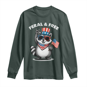Funny Raccoon July 4th Long Sleeve Shirt Patriotic Trash Panda Feral But Free TS10 Dark Forest Green Print Your Wear