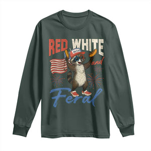 Funny Raccoon July 4th Long Sleeve Shirt Red White and Feral Patriotic Trash Panda TS10 Dark Forest Green Print Your Wear