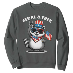 Funny Raccoon July 4th Sweatshirt Patriotic Trash Panda Feral But Free TS10 Dark Heather Print Your Wear