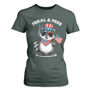 Funny Raccoon July 4th T Shirt For Women Patriotic Trash Panda Feral But Free TS10 Dark Forest Green Print Your Wear
