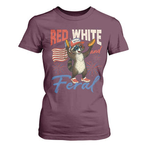 Funny Raccoon July 4th T Shirt For Women Red White and Feral Patriotic Trash Panda TS10 Maroon Print Your Wear