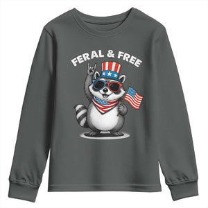 Funny Raccoon July 4th Youth Sweatshirt Patriotic Trash Panda Feral But Free TS10 Dark Heather Print Your Wear