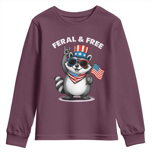 Funny Raccoon July 4th Youth Sweatshirt Patriotic Trash Panda Feral But Free TS10 Maroon Print Your Wear