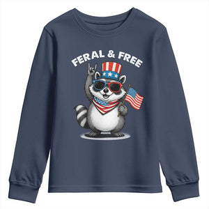 Funny Raccoon July 4th Youth Sweatshirt Patriotic Trash Panda Feral But Free TS10 Navy Print Your Wear