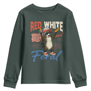 Funny Raccoon July 4th Youth Sweatshirt Red White and Feral Patriotic Trash Panda TS10 Dark Forest Green Print Your Wear