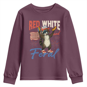 Funny Raccoon July 4th Youth Sweatshirt Red White and Feral Patriotic Trash Panda TS10 Maroon Print Your Wear
