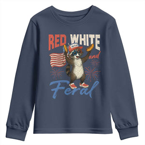 Funny Raccoon July 4th Youth Sweatshirt Red White and Feral Patriotic Trash Panda TS10 Navy Print Your Wear