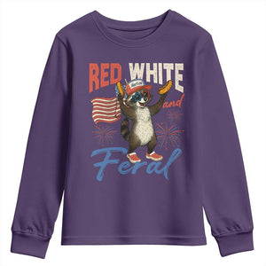 Funny Raccoon July 4th Youth Sweatshirt Red White and Feral Patriotic Trash Panda TS10 Purple Print Your Wear