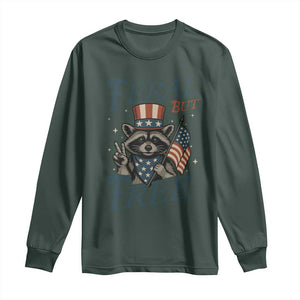 Funny Raccoon Patriotic Long Sleeve Shirt Feral But Free 4th Of July American Flag TS02 Dark Forest Green Print Your Wear