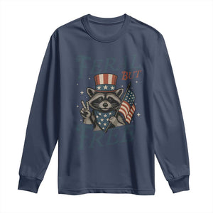 Funny Raccoon Patriotic Long Sleeve Shirt Feral But Free 4th Of July American Flag TS02 Navy Print Your Wear