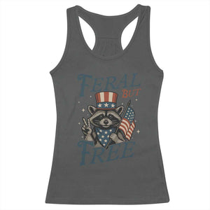 Funny Raccoon Patriotic Racerback Tank Top Feral But Free 4th Of July American Flag TS02 Dark Heather Print Your Wear