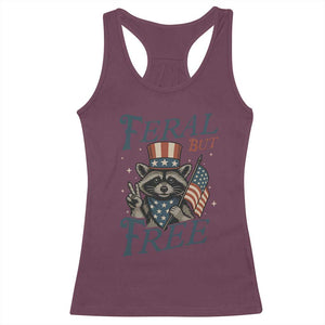 Funny Raccoon Patriotic Racerback Tank Top Feral But Free 4th Of July American Flag TS02 Maroon Print Your Wear