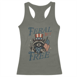 Funny Raccoon Patriotic Racerback Tank Top Feral But Free 4th Of July American Flag TS02 Military Green Print Your Wear