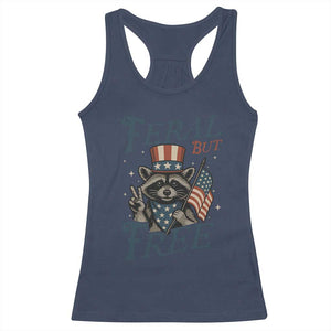 Funny Raccoon Patriotic Racerback Tank Top Feral But Free 4th Of July American Flag TS02 Navy Print Your Wear