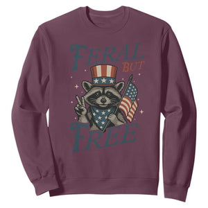 Funny Raccoon Patriotic Sweatshirt Feral But Free 4th Of July American Flag TS02 Maroon Print Your Wear
