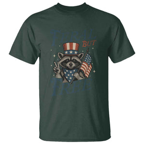 Funny Raccoon Patriotic T Shirt Feral But Free 4th Of July American Flag TS02 Dark Forest Green Print Your Wear