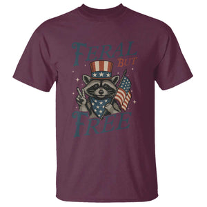Funny Raccoon Patriotic T Shirt Feral But Free 4th Of July American Flag TS02 Maroon Print Your Wear