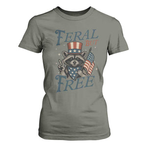 Funny Raccoon Patriotic T Shirt For Women Feral But Free 4th Of July American Flag TS02 Military Green Print Your Wear
