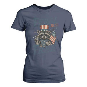 Funny Raccoon Patriotic T Shirt For Women Feral But Free 4th Of July American Flag TS02 Navy Print Your Wear