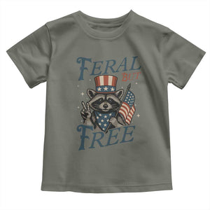 Funny Raccoon Patriotic Toddler T Shirt Feral But Free 4th Of July American Flag TS02 Military Green Print Your Wear