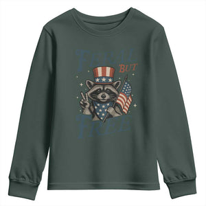 Funny Raccoon Patriotic Youth Sweatshirt Feral But Free 4th Of July American Flag TS02 Dark Forest Green Print Your Wear