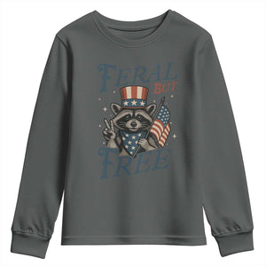Funny Raccoon Patriotic Youth Sweatshirt Feral But Free 4th Of July American Flag TS02 Dark Heather Print Your Wear