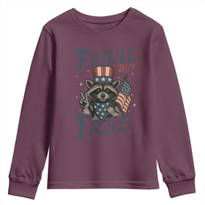 Funny Raccoon Patriotic Youth Sweatshirt Feral But Free 4th Of July American Flag TS02 Maroon Print Your Wear