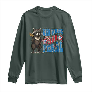 Funny Red White And Feral Long Sleeve Shirt Raccoon 4th of July Patriotic TS11 Dark Forest Green Print Your Wear