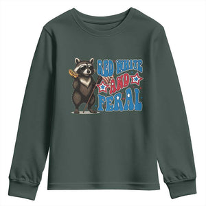 Funny Red White And Feral Youth Sweatshirt Raccoon 4th of July Patriotic TS11 Dark Forest Green Print Your Wear