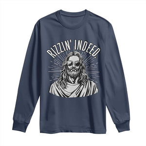 Funny Religious Christian Jesus Meme Long Sleeve Shirt Rizzin Indeed TS11 Navy Print Your Wear